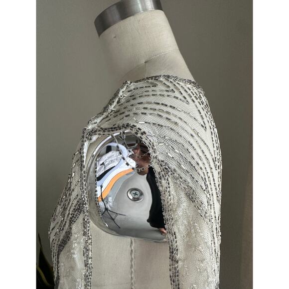 RARE Art Deco Silver Bridal Tunic Egyptian Motif Beaded Sheer Mesh Vintage 1920s - Picture 7 of 10